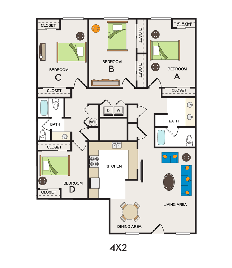 Floor plan for 4 beds, 2 baths, 2220 sqft